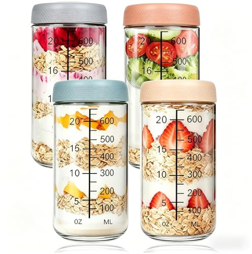 Penbinmall 4 Stück Meal Prep Gläser 750ml – Borosilikatglas Einmachgläser mit Schraubdeckel, Skala & weiter Öffnung – Luftdichte, stapelbare Vorratsgläser für Overnight Oats, Salat, Joghurt, Porridge