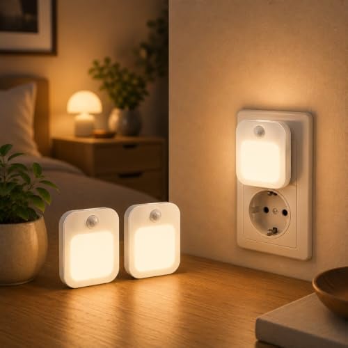 Livatro Nachtlicht mit Bewegungsmelder für die Steckdose, 2er Set, dimmbar | Steckdosenlicht mit Bewegungsmelder, Lichtsensor, ON/OFF/AUTO, 3000 K warmweiß, stufenlos dimmbar, Memory, 3–5 m, 120°, 45 s.