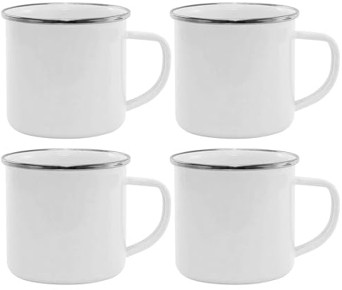 Emaille Tasse 4er-Set: 350ml Mehrweg Trinkbecher, Emaille Becher mit Henkel, Weiß Kaffeetassen, Tragbar Teetassen, Retro Kaffeebecher Set für Camping, Büro, Haus, Party