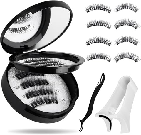 Magnetic Eyelashes with Applicator,4 Pairs Magnetic Eyelashes Natural Look,No Glue,Easy to Wear and Remove,Portable Mirror Case