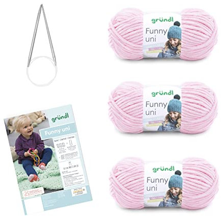 Gründl Wolle Funny uni - weiche Chenille Wolle mit Nadel und Anleitung für eine Babydecke - Kuschelig und hautfreundlich - 100 % Polyester - 3 Knäuel 100 g / 120 m - Nadelstärke 5 - 6, Pastellrosa