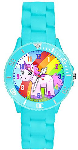 Taffstyle Kinder-Armbanduhr Analog Quarz mit Silikon-Armband Zahlen Einhorn Kinderuhr Lernuhr Sport-Uhr Rainbow Türkis