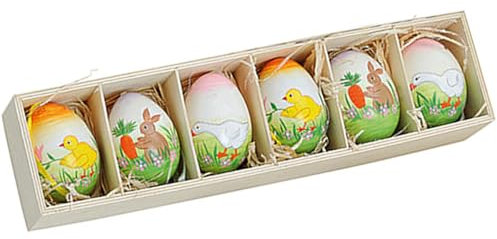 Schöne Natur-Ostereier bemalt - 6 teiliges Set zum Hängen - Ø4cm H6cm (Ostertiere)