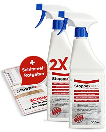 Stoppex Aktiv(2) I Profi Schimmelentferner gegen Schimmel für Wand, Bad und Silikonfugen I Extrastarker, chlorhaltiger Anti Schimmelspray gegen Stockflecken u. Schimmelpilz