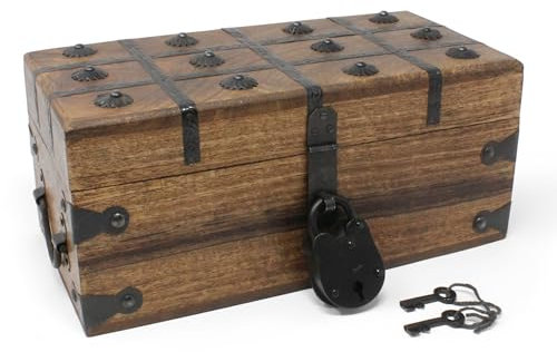 Nautical Cove Schatztruhe Holzkiste mit antikem Eisenschloss und Skelettschlüssel (mittel 12,5x6x5,5) - Aufbewahrung und Dekor - Piratenkiste, dekorative Aufbewahrungskiste mit Klappdeckel, Holz