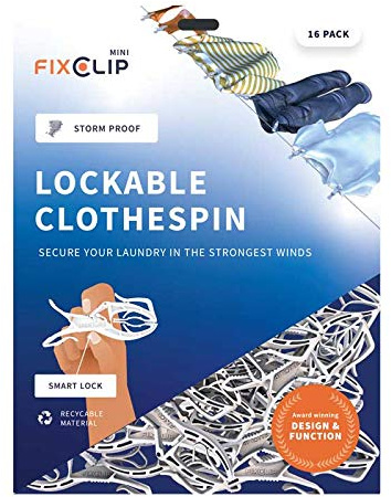 FIXCLIP MINI Wäscheklammern 16 Stück – verriegelbar, sturmfest, mit 2 Haken | Verriegelbar & sturmfest, bis 12 kg Zugkraft, 2 Haken, ohne Abdruck, Leinen 2–10 mm, UV-beständig, ohne Metall