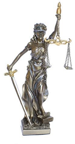 Mayer Chees Figur Justitia Göttin der Gerechtigkeit mit Richtschwert und Waage bronzierte