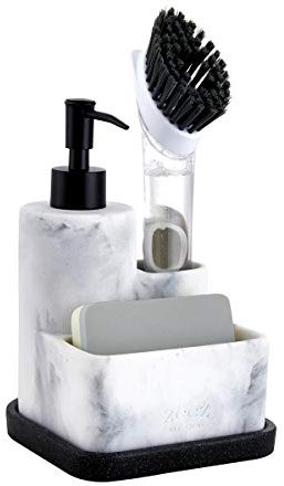zccz Dispensador de Jabón Cocina con Portaestropajos, Dosificador Jabón Cocina, Guarda Estropajos Fregadero con Soporte para Cepillos, Organizador 3 en 1 para Fregadero, Blanco