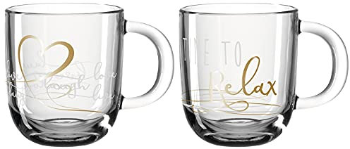 Leonardo Presente Geschenk-Tassen 2er Set mit Schriftzug Live, Laugh, Love & Relax, spülmaschinengeeignete Glas Kaffeebecher, Tee-Tassen mit weiß-goldenem Schriftzug und Motiv, 400 ml, 025603