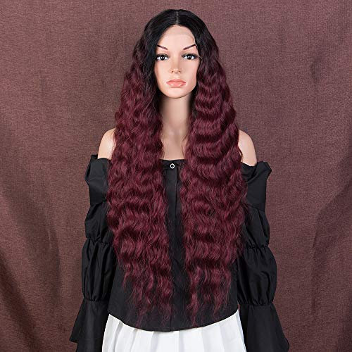Style Icon Perücke mit Filmansatz Super Lange Lace Front Wigs für Frauen Kunsthaar Wasserwelle Perücken mit Mittelscheitel Damen Wig 76cm Kunstfaser synthetische Faser (Ombre Red)