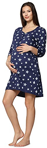 Be Mammy Damen Umstands Nachthemd mit Stillfunktion BE20-176 (NavySterneBlau, XXL)