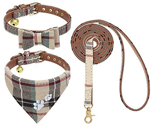 EXPAWLORER Stickerei Hundehalsband mit Leine - Verstellbarer Hundehalsband und Leine Set, weicher schöner Hundehalsband mit Tuch und Schleife, modernes Design ideal für Katzen und Hunde, Braun S/M