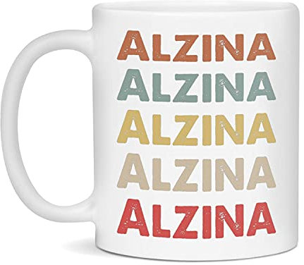 Taza de café de cerámica con nombre personalizado de Alzina retro vintage, 11 onzas, color blanco