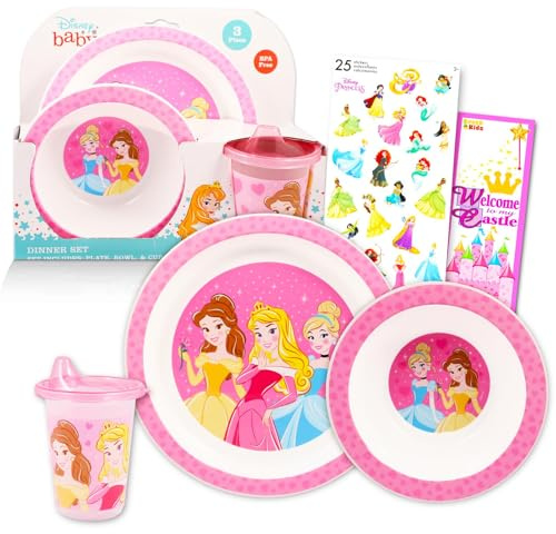 Juego de vajilla Disney Princess para niños, 5 piezas de accesorios de cocina con plato de cena princesa, taza, pegatinas y más (cubiertos Disney Princess)