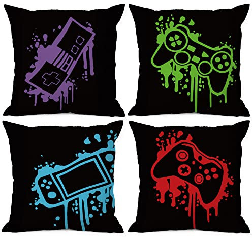 MIXDING Colorful Video Game Controller Teen Gaming Throw Pillow Cover Pillowcase 18x18 Inch (Set of 4) Decor, Gamer Controller Sofa Boys Room Playroom Home Decoration
