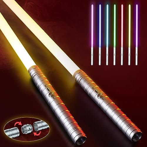 Sabre Laser Enfants et Adultes - Lightsaber Lot de 2 | Épée Laser à Double Lame avec 15 Couleurs et Effets Sonores | Épée Lumineuse Rechargeable USB | Sabre Laser Lumineux avec Manche en Métal Argenté