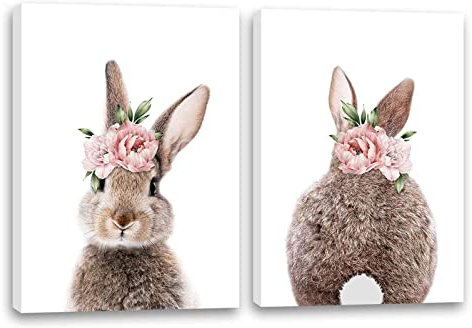Wandkunst für Mädchen, Kinderzimmer, Hase mit rosa Blumenkrone, Leinwanddruck, Wanddekoration, Waldtier, Poster, Kinderzimmer, 2er-Set, Schlafzimmer, Dekoration, gerahmte Wandkunst