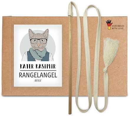 Pesca sostenibile per gatti con asta in legno di faggio e nastro di cotone beige. Giocattolo sostenibile realizzato a mano in Germania e con amore