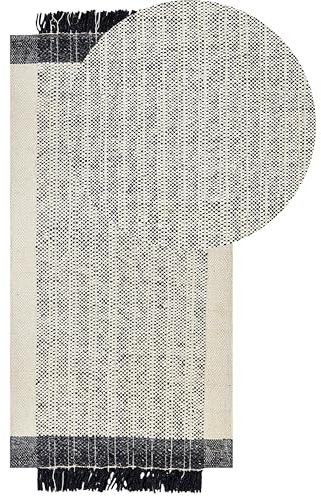 Beliani Teppich Wolle/Baumwolle weiß 80 x 150 cm Fransen schwarz handgewebt Ketenli