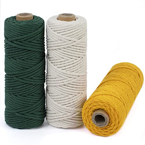LEREATI Makramee Garn 3mm Set, 150m Makramee-Schnur, Farbig Baumwollseil, Baumwollgarn 3mm zum Makramee Deko, Hängepflanze, Wandbehang, Hochzeitsbogen (Dunkelgrün, Natur, Gold)