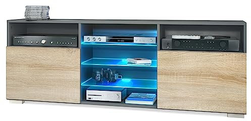 Vladon TV-Board Granada, Lowboard mit 2 Türen und 6 offenen Fächern, Korpus Anthrazit matt, Fronten in Eiche sägerau mit RGB LED-Beleuchtung (146 x 54 x 35 cm)