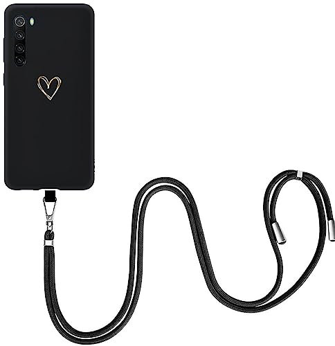 EuoDuo für Xiaomi Redmi Note 8 2021/2019 Hülle mit Band Handyhülle Handyband Abnehmbare Kordel Handyband zum umhängen Silikon Case Schwarz Schutzhülle Halskette Cover - Gold Liebesherz