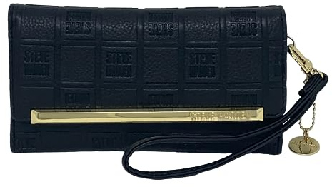 Steve Madden Damen Trifold Wallet, Schwarzer Logo-Stempel mit Gold, Einheitsgröße, Logobar Trifold Wallet Wristlet