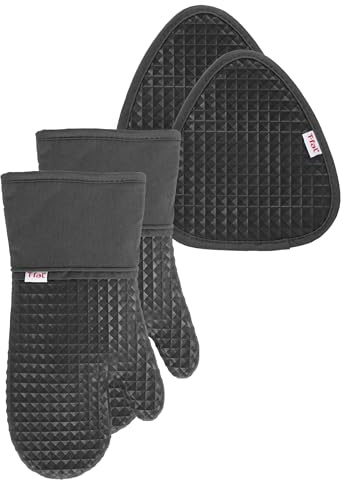 T-fal Waffle Oven Mitt & Pot Holder Set - Heat-Resistant Silicone Grip - 4-Pack, Charcoal
