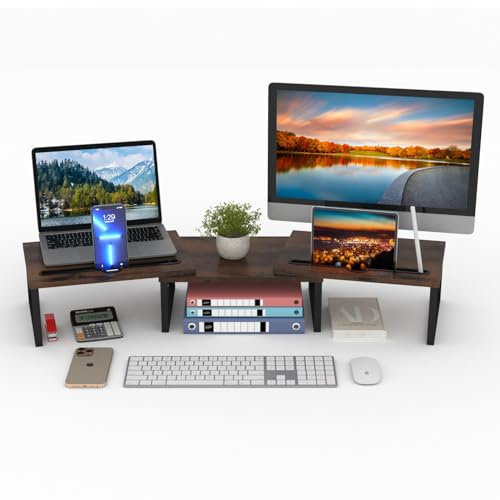HORLIMER Dual Monitorständer - Holz Monitor Ständer mit Verstellbarer Länge und Winkel, Bildschirmerhöhung mit 2 Steckplätzen, Monitor Erhöhung, Schreibtisch Organizer für 2 Monitore (Braun)