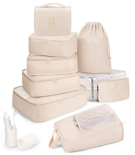 Anjing Packing Cubes 9-teilig, Koffer Organizer Set, leichte Reisegepäck-Organizer, wasserdicht, platzsparend, Packwürfel für Koffer, travel Organizer, Beige