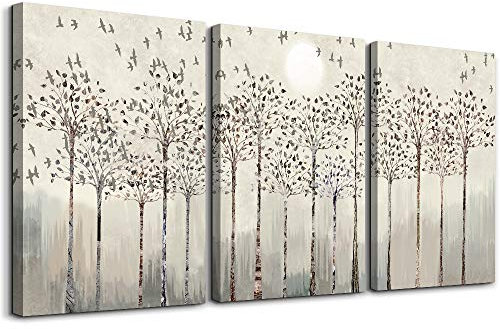 MHARTK66 Tableau D'arbres et D'oiseaux, Tableau Decoration Murale Salon Moderne Bouleaux Blancs Abstraits Impression Sur Toile, Decoration Murale Chambre Salle De Bain Cuisine Bureau