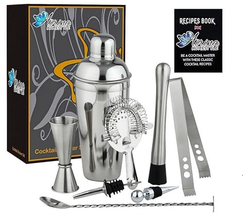 Airina Homestyle Lot de 8 cocktails professionnels en acier inoxydable argenté / shaker à cocktail de 750 ml / bar / accessoires / livre de recettes pour cocktail / coffret cadeau pour la maison ou le
