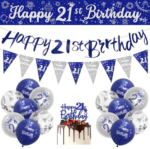 Boys 21st Birthday Decorations Blue Silver 21st Birthday Party Decorations 16 Pack Navy Silver Boy Banner Bunting Kit by Sheinly