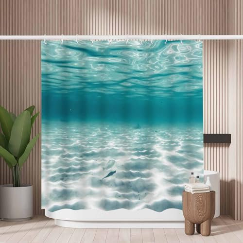 Woutay Shower Curtain Mould Proof Resistant Tropical Blue Ocean Underwater,Water Repellant Fabric,Polyester,with 12 Plastic Hooks