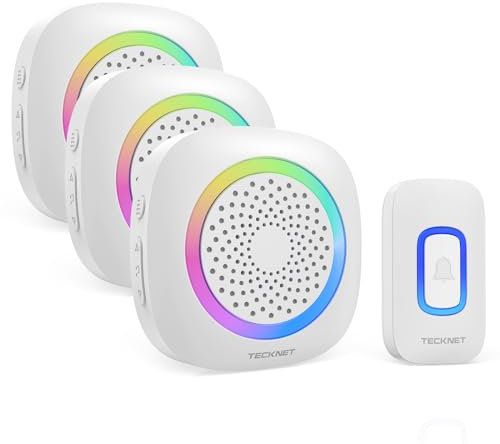TECKNET Funkklingel, Kabellose Türklingel mit RGB Licht, IP66 Wasserdicht Außen Funkklingel Batteriebetrieben, 400m Reichweite, 60 Melodien, Funk Klingel Haustür Kit mit 4,5 Jahre Lebensdauer