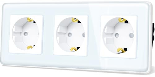 TAWOIA Schuko Steckdose, EU-Standard 3 Fach Unterputz Mit 2,5D Curved Glas Platte, Wandsteckdosen Weiß 86 * 228mm