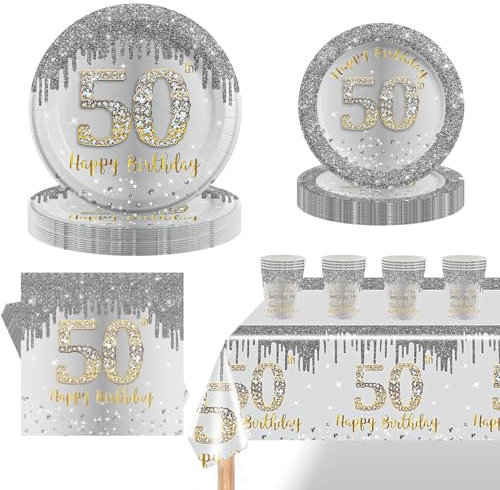 69Pcs Silver 50th Birthday Party Tableware 16 Guests,50th SilverParty Tableware Set,Silver and Gold Paper Plates,Napkins,White and Gold Table Cloth,Cups for Men Women Birthday Gifts Party Supplies