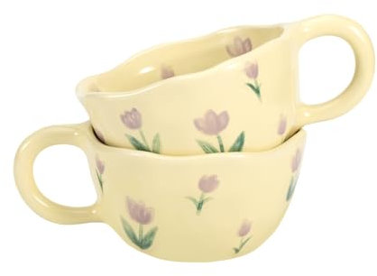 Koythin 2-Pieces Ceramic Coffee Mugs, Creative Cute Flower Cup for Office and Home, 8.5 oz/250 ml Aesthetic Mug for Latte Tea Milk (2 Purple Tulip)