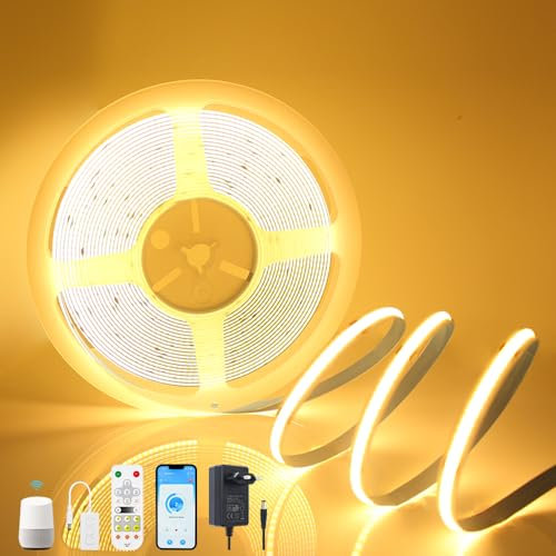 Yamlten 12V COB LED Streifen 2700k Warmweiß,Dimmable LED strip mit RF Fernbedienung/Smart App Steuerung,320 LEDs/M für Unterbauleuchte Küche,Regale,Schrank,Vitrinen,Schreibtisch-5m.
