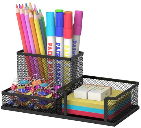 SUPEASY Pen Holder Desk Organizer, Office Supplies Pencil Holder with 3 Compartments, Desk Accessories and Workspace Organizers for Home School Classroom, Black