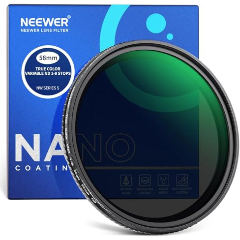 NEEWER 58mm True Colors Variabler ND Filter ND2-ND400, Hard Stop Graufilter mit mehrfach beschichtetem optischem HD Glas Zubehör/Aluminiumrahmen