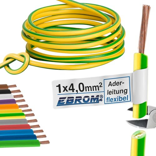 EBROM - Cavo multifilo da 25 metri - Cavo di cablaggio flessibile - Cavo in PVC - H07V-K 4mm2 | 4 mm² | 4 mm² | 4 mm2 - Colore: verde-giallo - Conduttore di protezione - 99,9% rame OFC - Lunghezza: 25
