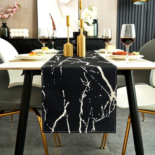 Jayusaror Tischläufer Modern Herbst Schwarz und Weiß Leinen Marmor Goldene Textur Abstrakte Kunst Waschbarer Tischläufer für Kaffee, Esszimmer, Kommode, Beistelltisch, Schlafzimmer, 33 x 183 cm