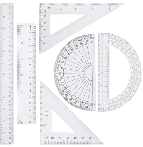 Geometrie-Lineal-Set aus Kunststoff 6-teiliges Lineal-Set enthält Winkelmesser Dreieckslineale und 12-Zoll- und 6-Zoll-Geradelineal Mathe-Zeichenlineal-Set durchsichtiges Geometrie-Set aus Kunststoff