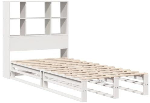 vidaXL Massivholzbett, Bett mit Bücherregal ohne Matratze, Holzbett Bettgestell mit Lattenrost, Palettenbett Einzelbett für Schlafzimmer, Weiß 75x190cm