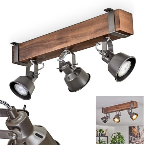 HOFSTEIN Deckenleuchte Pehefito, 3-flammige Deckenlampe aus Metall/Holz in Grau/Dunkelbraun, verstellbare Leuchte im Industrial/Retro/Vintage-Design mit Holzbalken, GU10, Esszimmer, Wohnzimmer, Küche
