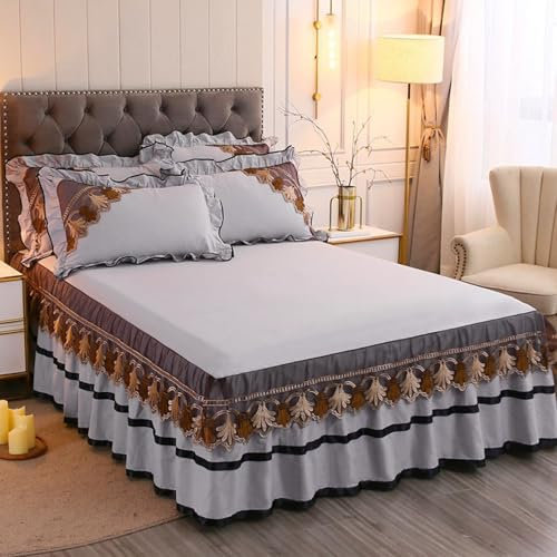 Jupe de Lit Cache Sommier Coton 180x200 Bonnet 2 Personnes Dentelle à Volants, Draps Housse Gris Couleur Unie avec Elastique