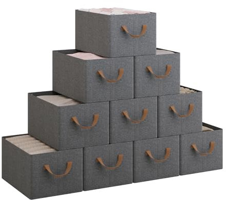 WOLTU Faltbare Aufbewahrungsboxen 10 Stück, Stoff-Aufbewahrungswürfel mit Griffen, Organizer Boxen für Regale, Stapelboxen zur Aufbewahrung, Grau, 37,5x26x20cm
