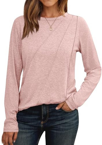 Cuptacc Chemise à Manches Longues Femme Blouse à Manches Longues Col Rond T-Shirt Casual avec Plis Chic Rose, Grande Taille L 42-44
