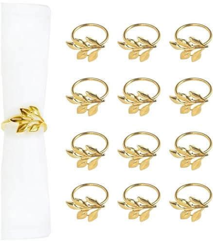 Flycppo Porte Serviette de Table,12 Pièces Rond de Serviette en Métal,Anneau Serviette Forme de Feuille pour Mariage,Anniversaire,Banquet,Dîner de Noël Décoration de Table (Or)